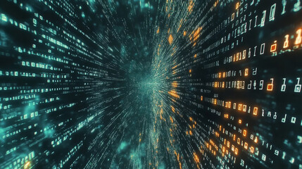 A tech-driven scene with glowing binary code cascading over digital systems.  Systems engineering. Programming.