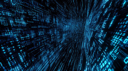 A tech-driven scene with glowing binary code cascading over digital systems.  Systems engineering. Programming.