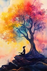 Yoga/ Meditation Silhouette Under a Vibrant Tree Symbolizing Mental and Emotional Growth for Mental Health Awareness
