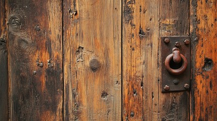 Fototapeta premium Closeup of rustic wooden door with metal ring handle.