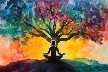 Yoga/ Meditation Silhouette Under a Vibrant Tree Symbolizing Mental and Emotional Growth for Mental Health Awareness