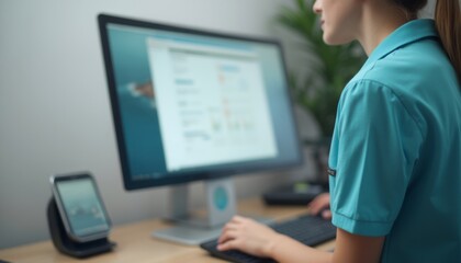 A woman sits in an office, working at her desktop computer, focused on a project. The setting is modern and professional.