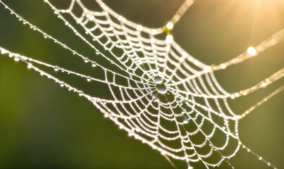 Naklejka premium A spiderweb glistens with dew drops in the early morning light