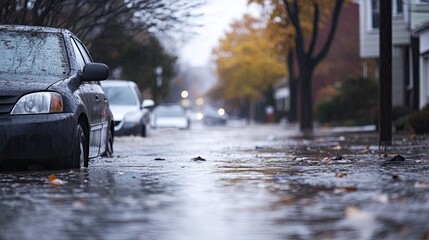Flooded street with cars floating in water, natural disaster, torrential rain.
