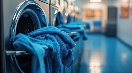 Washing machines in a row inside a laundry.