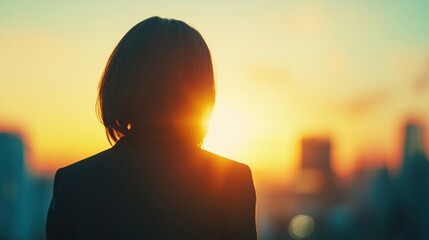 An executive woman stands overlooking the city as the sun sets, bathed in warm light, contemplating her achievements and aspirations