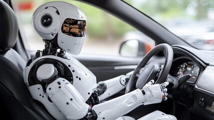 Fototapeta premium Intelligent humanoid robot driving a car