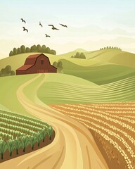 Fototapeta premium A winding dirt road leads to a red barn in a rural landscape with rolling hills, fields, and birds in flight.