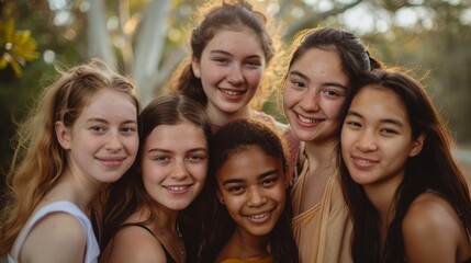 Young women from various ethnicities, smiling warmly and standing closely together