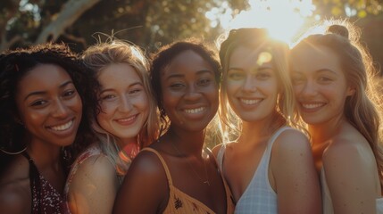 Fototapeta premium Young women from various ethnicities, smiling warmly and standing closely together