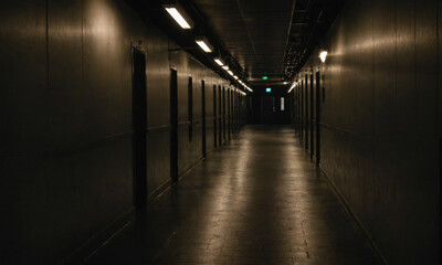 A long, dark hallway with multiple doors on either side. The only light source is from the fluorescent lights overhead