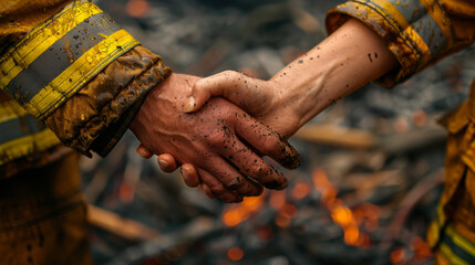 Two firefighters shake hands, showing camaraderie after successfully battling a wildfire in a forest.