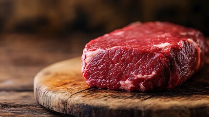 Thick Cut of Raw Beef Steak on a Wooden Plank