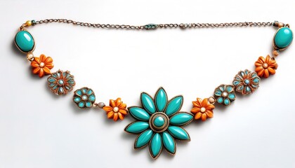 Vintage authentic Native American Turquoise stone necklace.  Ornate detail handmade design. Trendy boho style isolated on white background top view with copy space