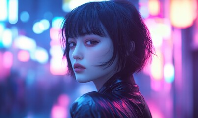 Young woman in city, neon lights.