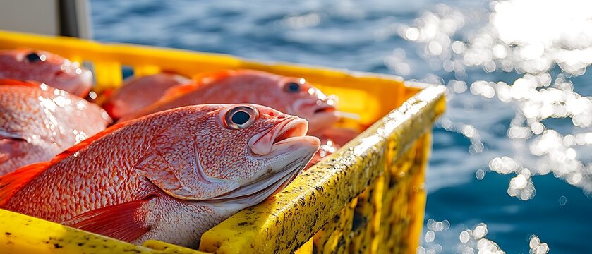 Freshly caught red snapper fish in a yellow crate - Powered by Adobe