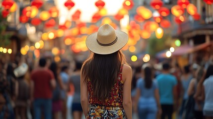 Obraz premium Woman in a crowd with vibrant red lanterns above
