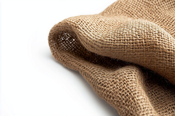Folded Burlap Fabric Close-Up, Rustic Woven Texture on White Background