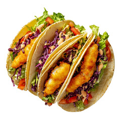 Delicious fish tacos filled with fresh toppings including lettuce, cabbage, and tomatoes, presented on a clean white background for a vibrant culinary appeal.