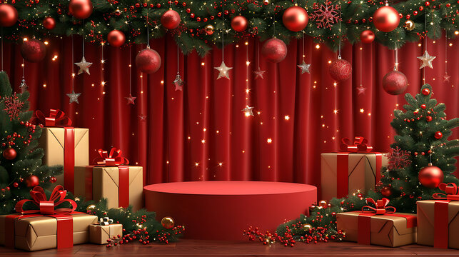 Podium and Christmas tree with gifts on red curtain background. 3d render