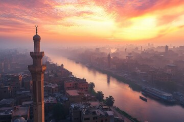 Naklejka premium Stunning sunset over a bustling city skyline