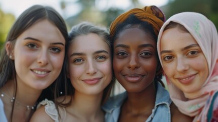 Fototapeta premium Smiling young women from different ethnic backgrounds, standing closely together and warmly