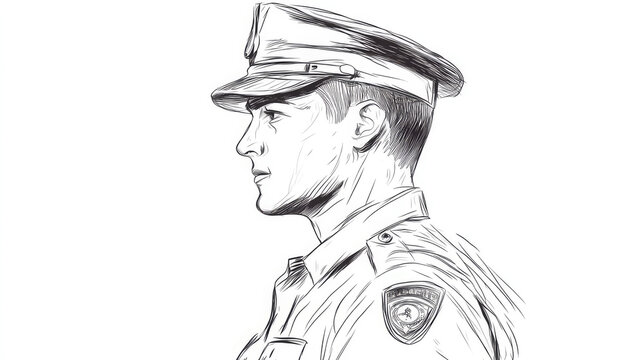 recommend clip art: A detailed side profile sketch of a police officer in uniform, highlighting the cap and badge, drawn with precise lines to emphasize the formality and professionalism of law enforcement.
