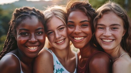 Fototapeta premium Smiling young women from different races, standing closely together and smiling warmly