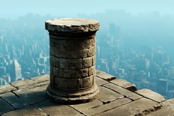 Naklejka premium Watercolor scales on a pedestal, background blending into cityscape