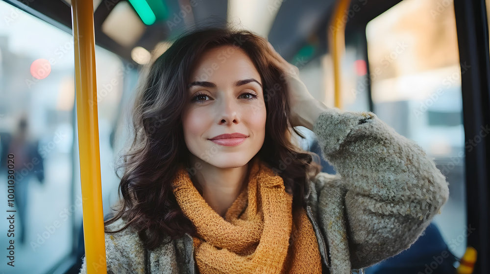 Wall mural female traveler on a city bus, radiating confidence and warmth