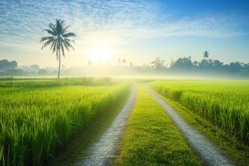 A pathway cutting through sawah padi fields with vibrant green rice plants swaying gently in the breeze.