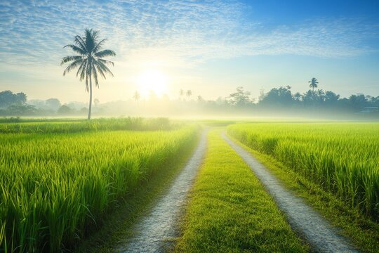 A pathway cutting through sawah padi fields with vibrant green rice plants swaying gently in the breeze.
