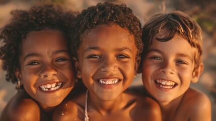Fototapeta premium Three kids with different skin tones, smiling joyfully in a friendly