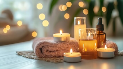 A spa setting with candles, essential oils, and soft lighting promoting relaxation and wellness.
