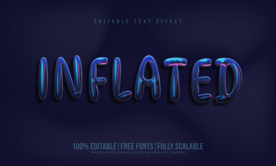 Editable inflated 3d vector text effect and liquid or bubble typography with retro vibe in y2k style for cyberpunk business. 80s or 90s shiny metal or balloon typeface. Inflated y2k social media font.