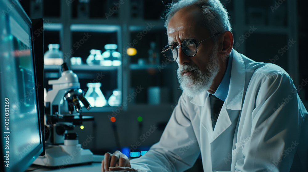 Poster elderly scientist working intently at a computer in a laboratory filled with equipment during nightt