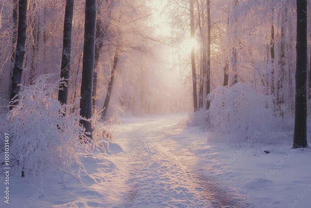 Poster A Snowy Path Through a Sunlit Winter Forest