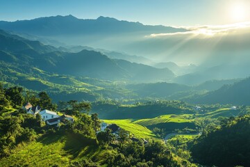 Fototapeta premium Stunning mountain landscape with lush green terraced fields