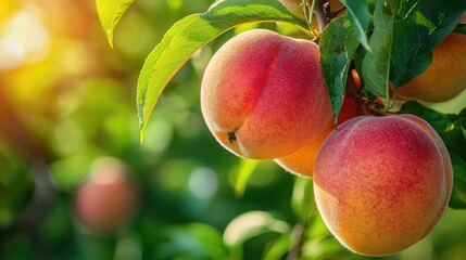beautiful ripe peaches on a branch. Selective focus