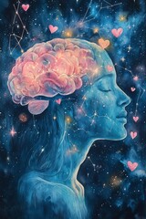 Dreamy Watercolor Galaxy with Mental Health Symbols as Constellations for World Mental Health Awareness