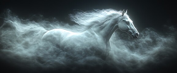 Fototapeta premium White horse running through a cloud of mist.