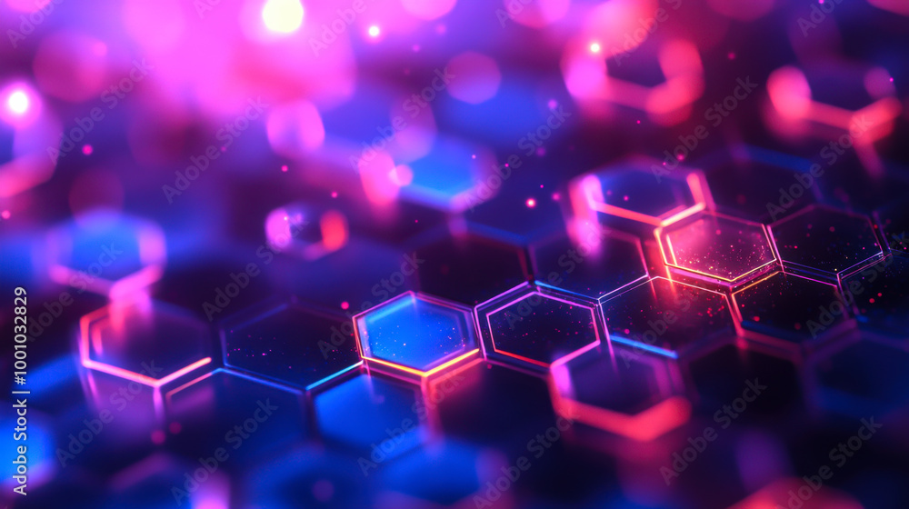 Poster colorful hexagonal patterns in a vibrant, neon-lit design creating an energetic atmosphere in a mode