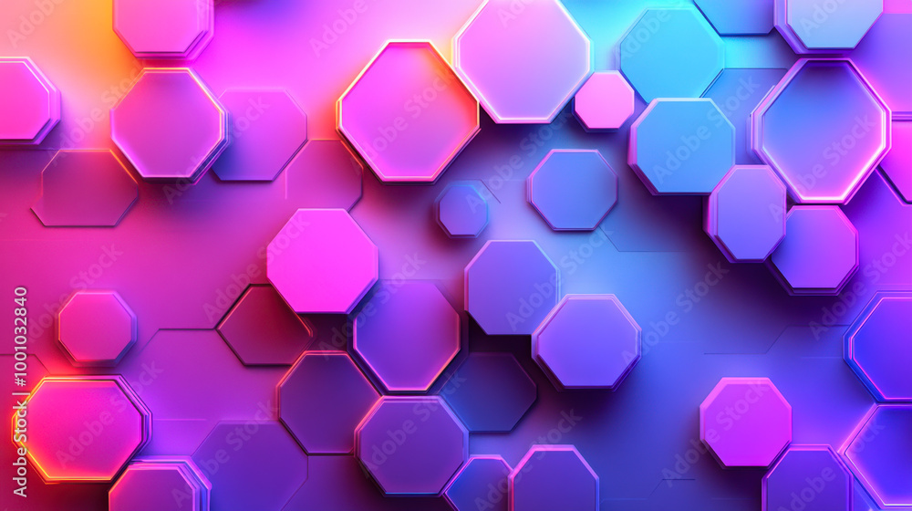 Poster colorful hexagonal patterns in a vibrant, neon-lit design creating an energetic atmosphere in a mode