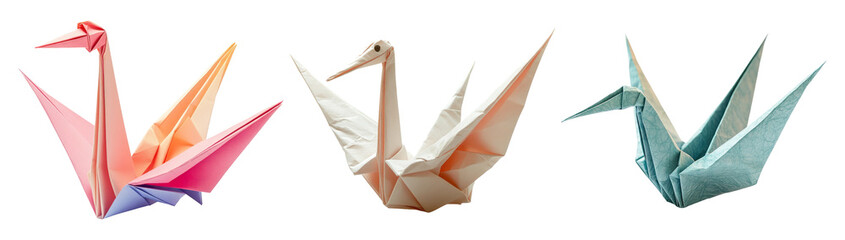 Naklejka premium Colorful Paper Cranes and Swans in Origami Art Isolated on Transparent Background