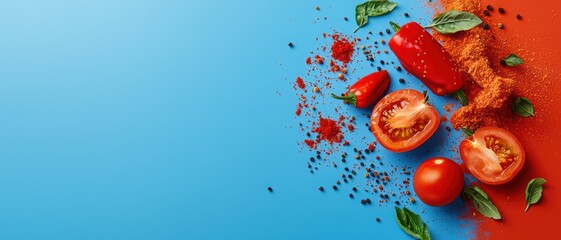 Colorful arrangement of vegetables and spices on vibrant background.