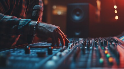 Fototapeta premium A man using a microphone in a recording studio.