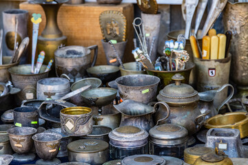 Various antique German utensils at the flea market in Nessebar, Bulgaria