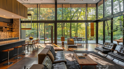 Elegant, open-concept living room with floor-to-ceiling windows, mid-century modern furniture, and natural stone accents, blending modern luxury with organic elements.