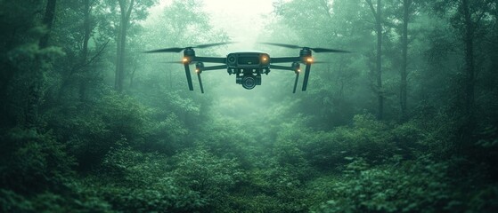 A drone is flying over a forest.