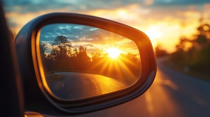 A sunset seen through the rearview mirror of a car.
